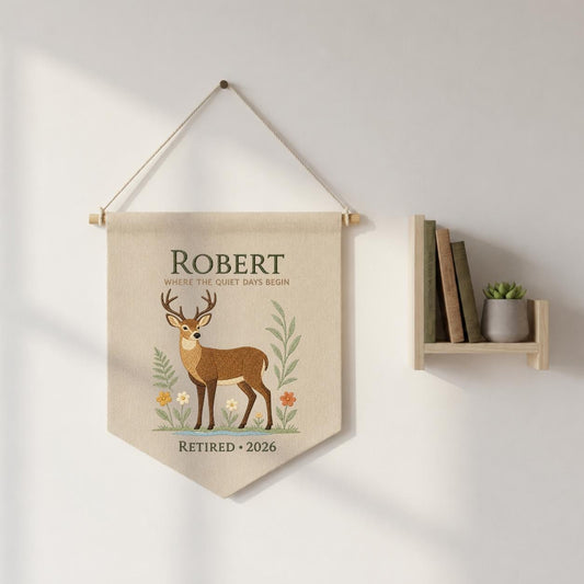 Personalized Woodland Deer Canvas Pennant Banner Decor, Custom Embroidered Wildlife Animal Wall Sign, Outdoor Lover Retirement Keepsake