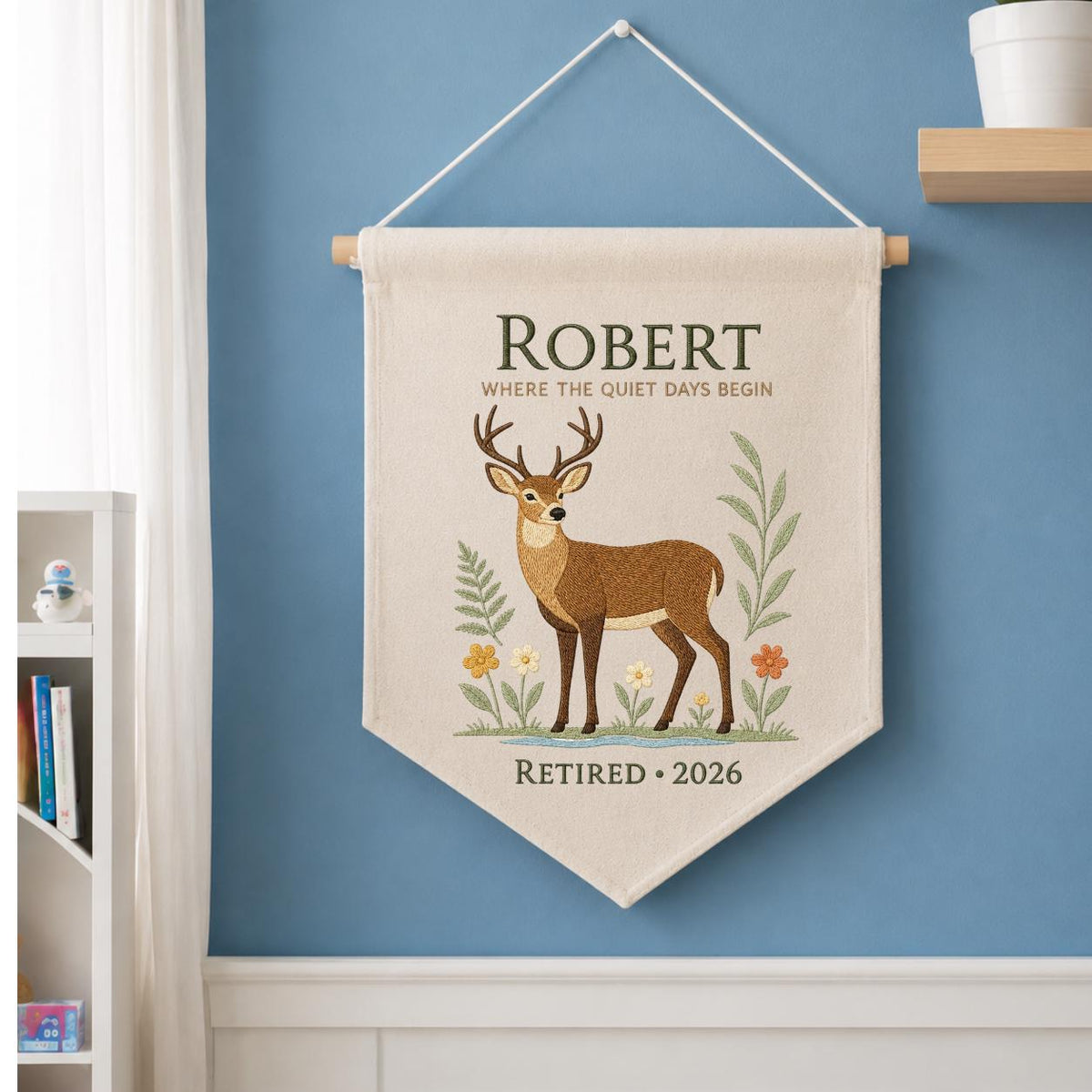 Personalized Woodland Deer Canvas Pennant Banner Decor, Custom Embroidered Wildlife Animal Wall Sign, Outdoor Lover Retirement Keepsake