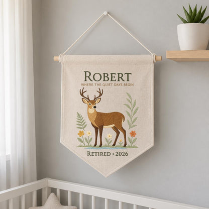 Personalized Woodland Deer Canvas Pennant Banner Decor, Custom Embroidered Wildlife Animal Wall Sign, Outdoor Lover Retirement Keepsake