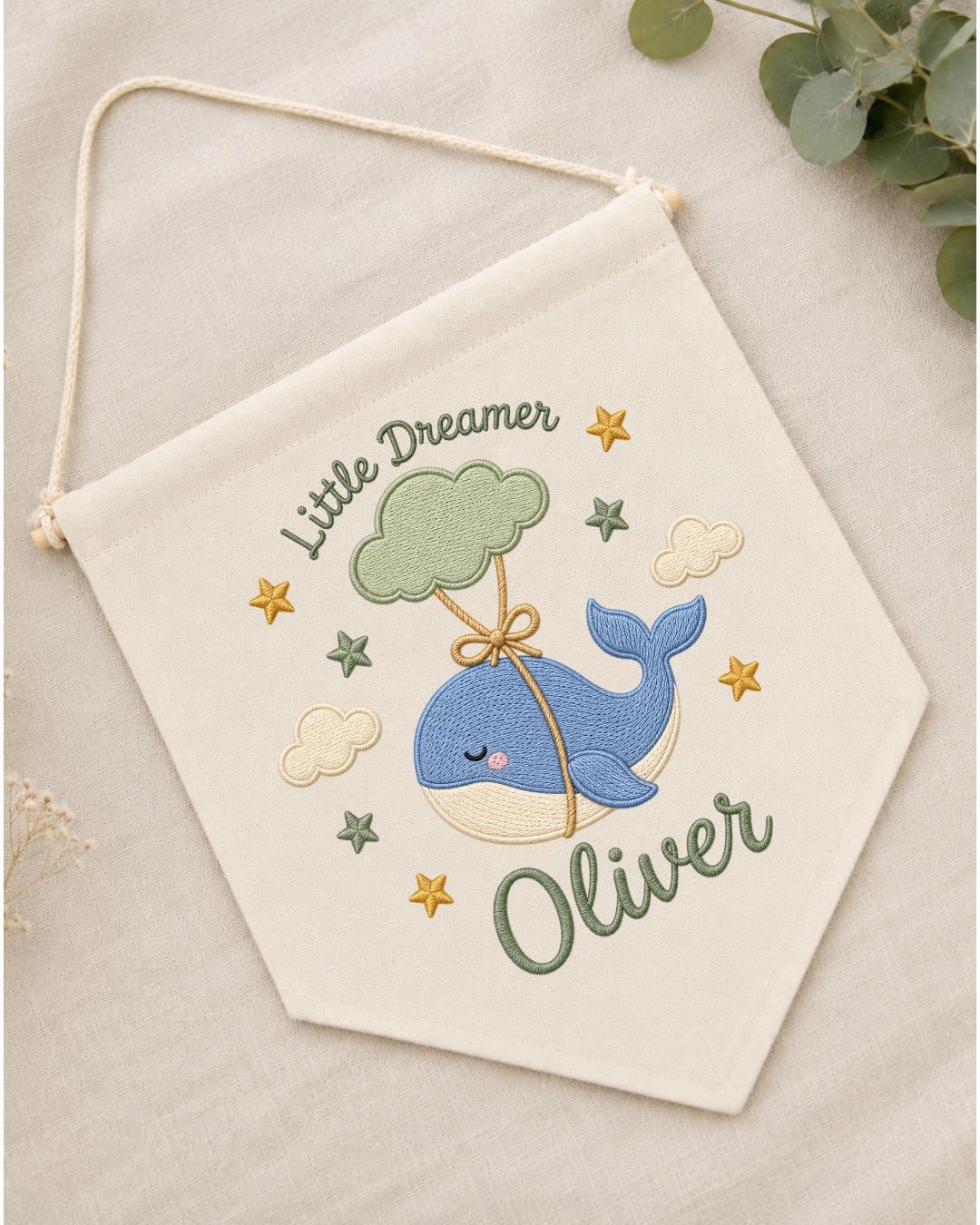 Personalized Whale Nursery Wall Hanging, Custom Name Embroidered Banner, Little Dreamer Baby Boy Nursery Decor, Ocean Nursery Gift