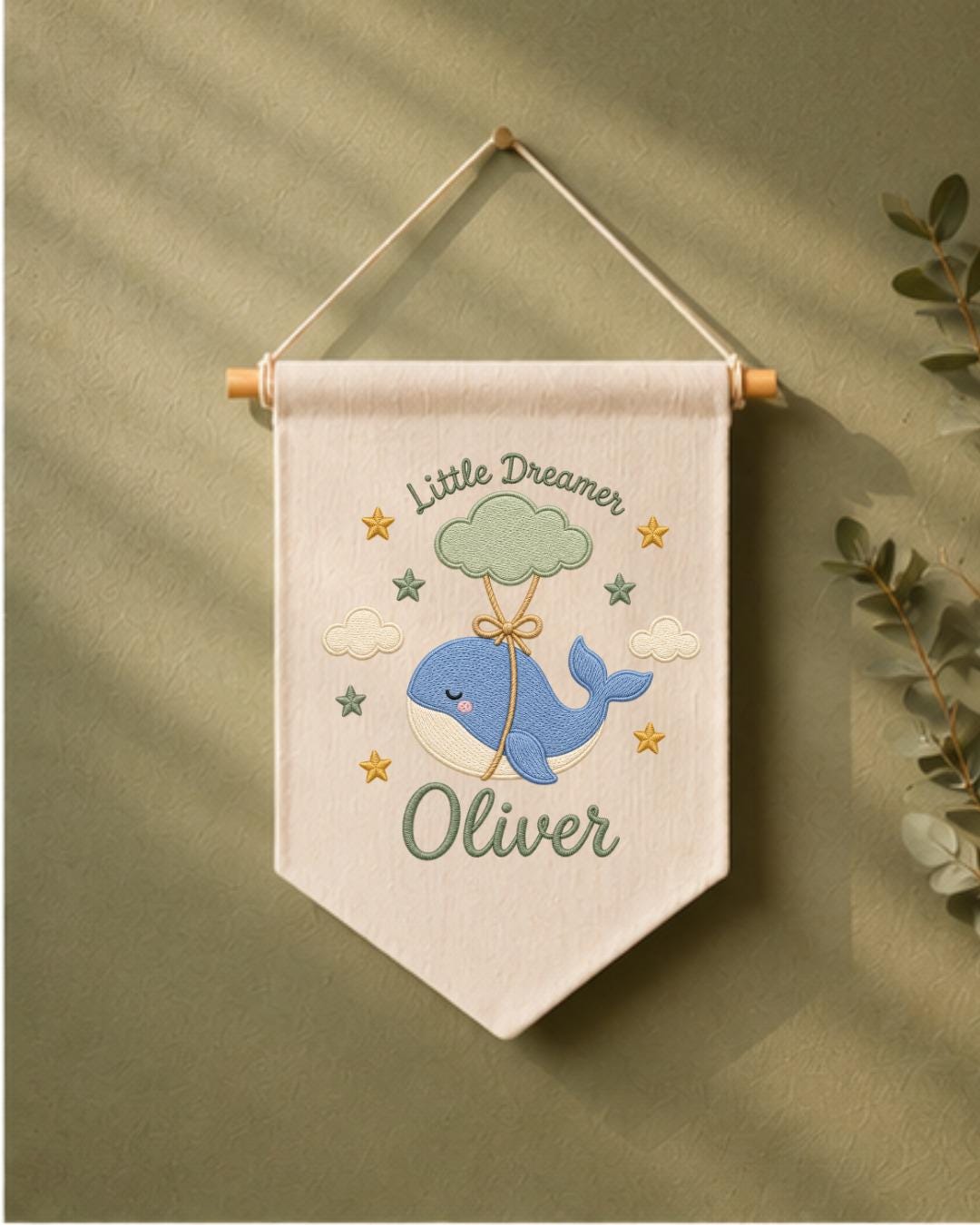 Personalized Whale Nursery Wall Hanging, Custom Name Embroidered Banner, Little Dreamer Baby Boy Nursery Decor, Ocean Nursery Gift