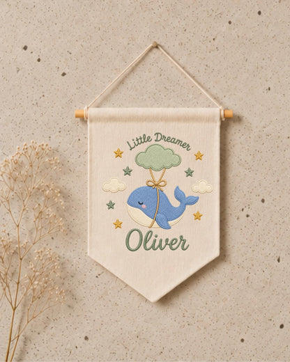 Personalized Whale Nursery Wall Hanging, Custom Name Embroidered Banner, Little Dreamer Baby Boy Nursery Decor, Ocean Nursery Gift