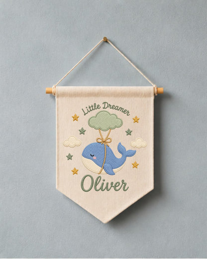 Personalized Whale Nursery Wall Hanging, Custom Name Embroidered Banner, Little Dreamer Baby Boy Nursery Decor, Ocean Nursery Gift