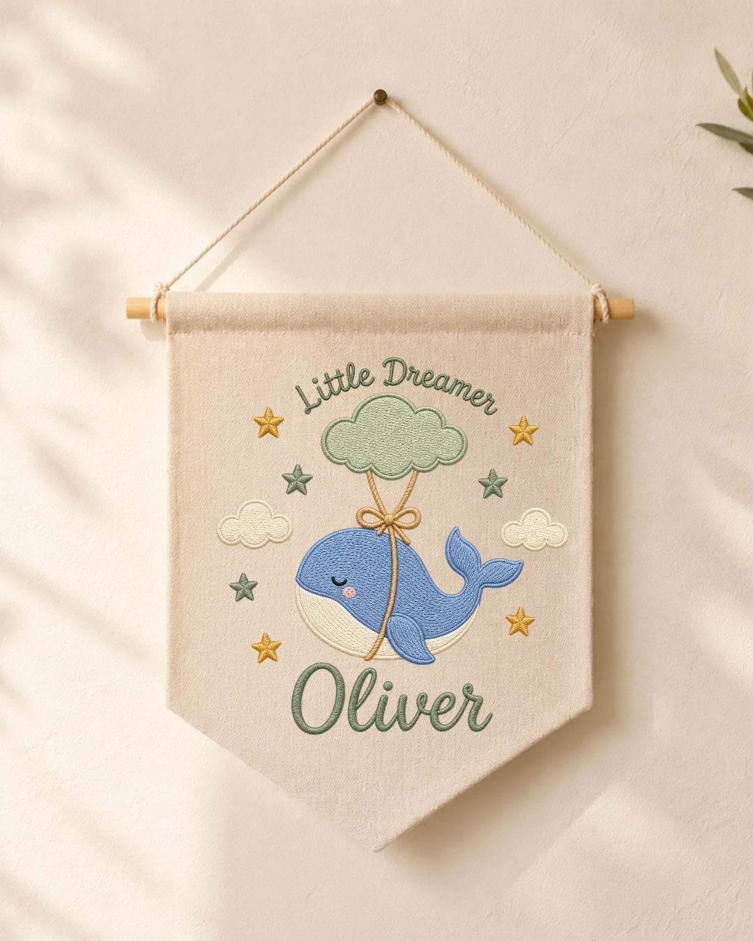 Personalized Whale Nursery Wall Hanging, Custom Name Embroidered Banner, Little Dreamer Baby Boy Nursery Decor, Ocean Nursery Gift