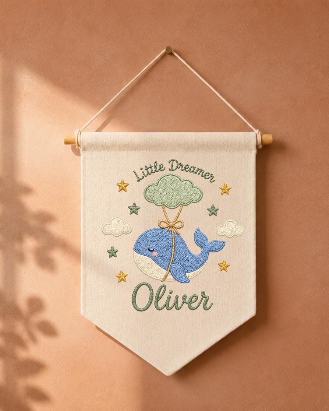 Personalized Whale Nursery Wall Hanging, Custom Name Embroidered Banner, Little Dreamer Baby Boy Nursery Decor, Ocean Nursery Gift