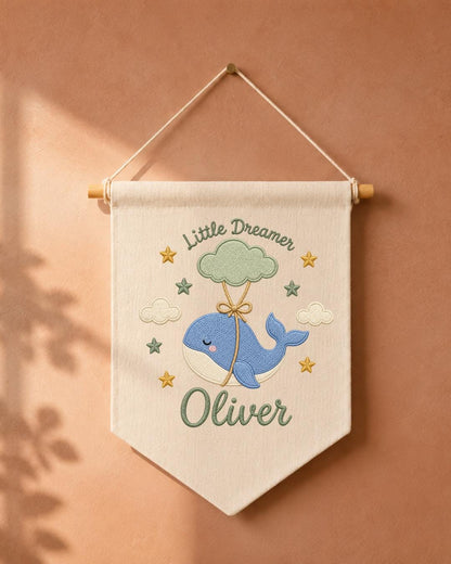 Personalized Whale Nursery Wall Hanging, Custom Name Embroidered Banner, Little Dreamer Baby Boy Nursery Decor, Ocean Nursery Gift