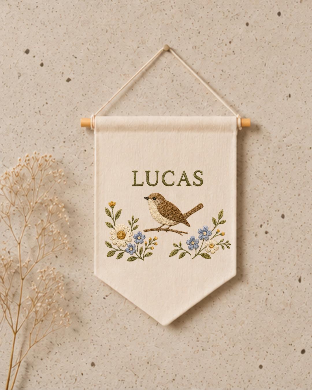 Personalized Bird Nursery Wall Hanging, Custom Name Embroidered Banner, Floral Bird Baby Room Decor, Nature Nursery Gift