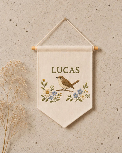 Personalized Bird Nursery Wall Hanging, Custom Name Embroidered Banner, Floral Bird Baby Room Decor, Nature Nursery Gift