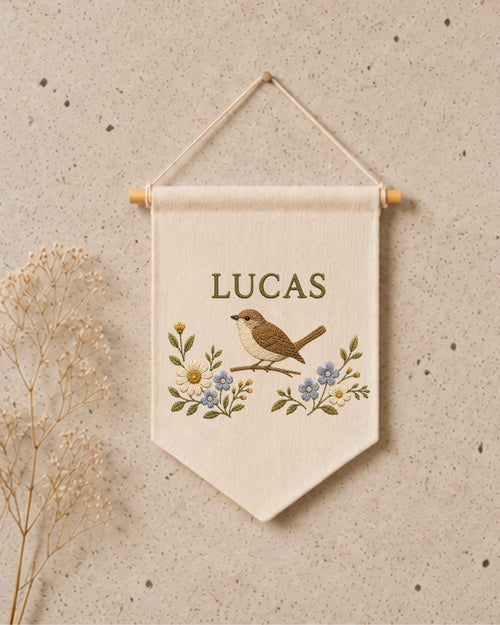 Personalized Bird Nursery Wall Hanging, Custom Name Embroidered Banner, Floral Bird Baby Room Decor, Nature Nursery Gift