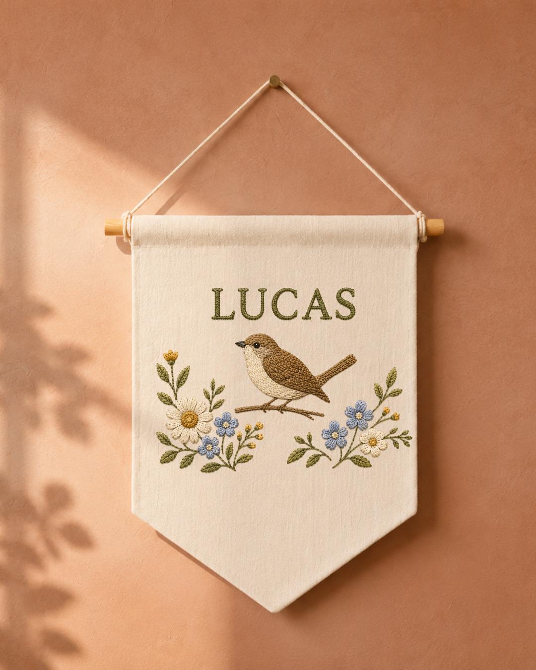 Personalized Bird Nursery Wall Hanging, Custom Name Embroidered Banner, Floral Bird Baby Room Decor, Nature Nursery Gift