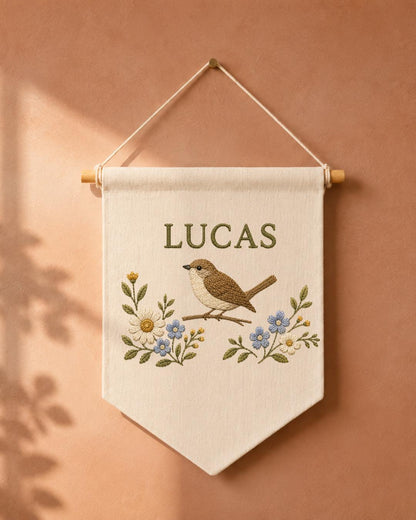 Personalized Bird Nursery Wall Hanging, Custom Name Embroidered Banner, Floral Bird Baby Room Decor, Nature Nursery Gift