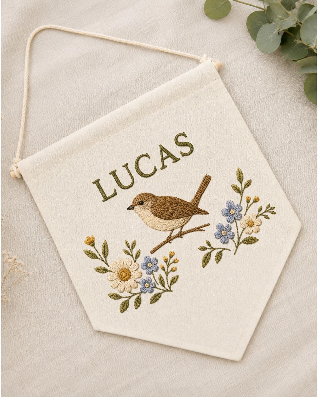 Personalized Bird Nursery Wall Hanging, Custom Name Embroidered Banner, Floral Bird Baby Room Decor, Nature Nursery Gift
