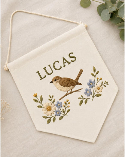 Personalized Bird Nursery Wall Hanging, Custom Name Embroidered Banner, Floral Bird Baby Room Decor, Nature Nursery Gift