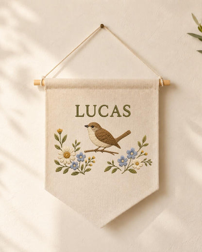 Personalized Bird Nursery Wall Hanging, Custom Name Embroidered Banner, Floral Bird Baby Room Decor, Nature Nursery Gift
