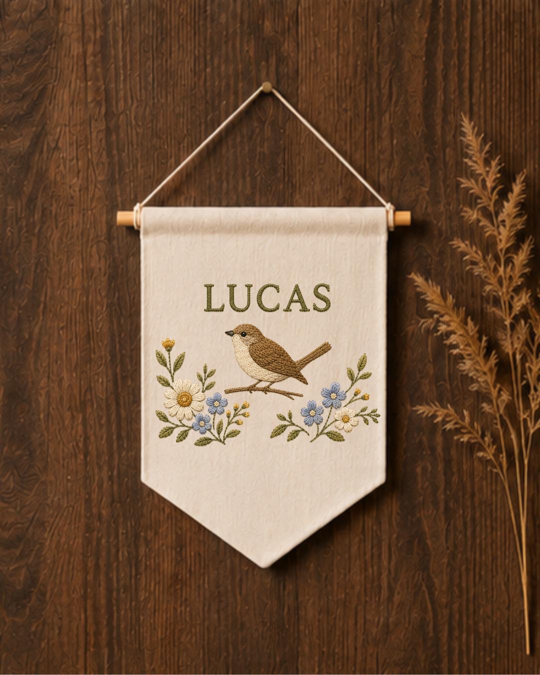 Personalized Bird Nursery Wall Hanging, Custom Name Embroidered Banner, Floral Bird Baby Room Decor, Nature Nursery Gift