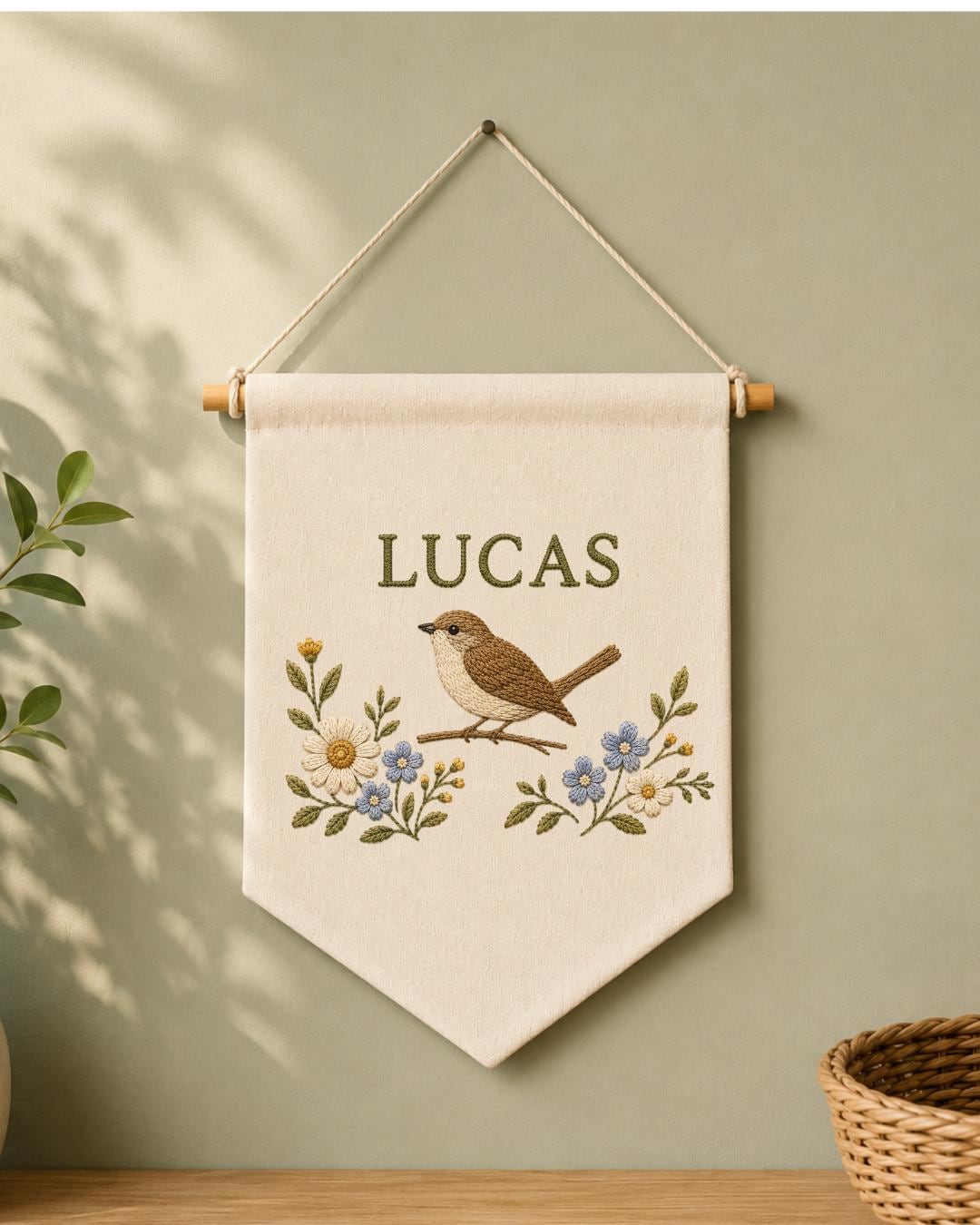 Personalized Bird Nursery Wall Hanging, Custom Name Embroidered Banner, Floral Bird Baby Room Decor, Nature Nursery Gift