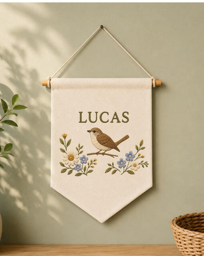 Personalized Bird Nursery Wall Hanging, Custom Name Embroidered Banner, Floral Bird Baby Room Decor, Nature Nursery Gift