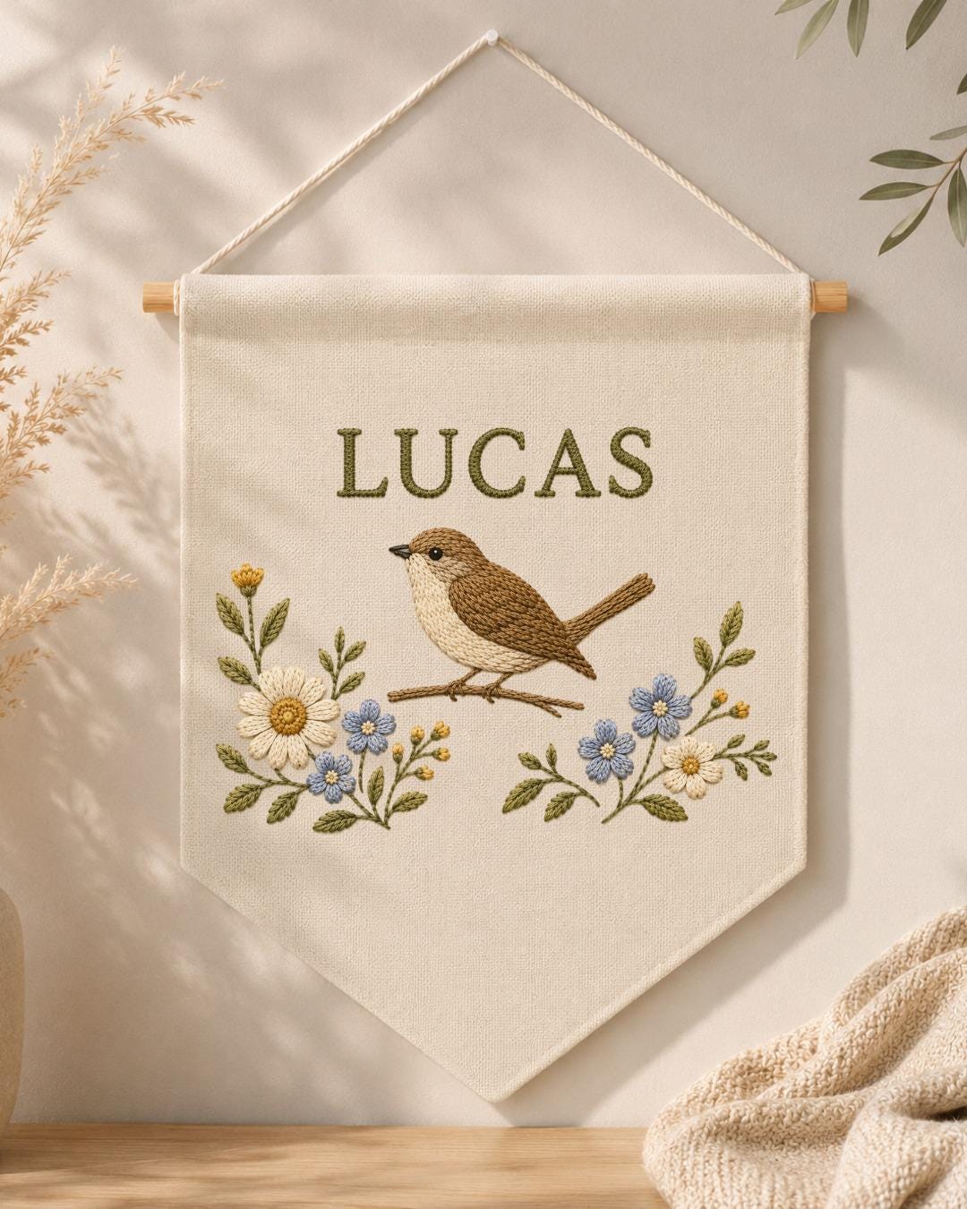 Personalized Bird Nursery Wall Hanging, Custom Name Embroidered Banner, Floral Bird Baby Room Decor, Nature Nursery Gift