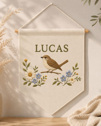 Personalized Bird Nursery Wall Hanging, Custom Name Embroidered Banner, Floral Bird Baby Room Decor, Nature Nursery Gift