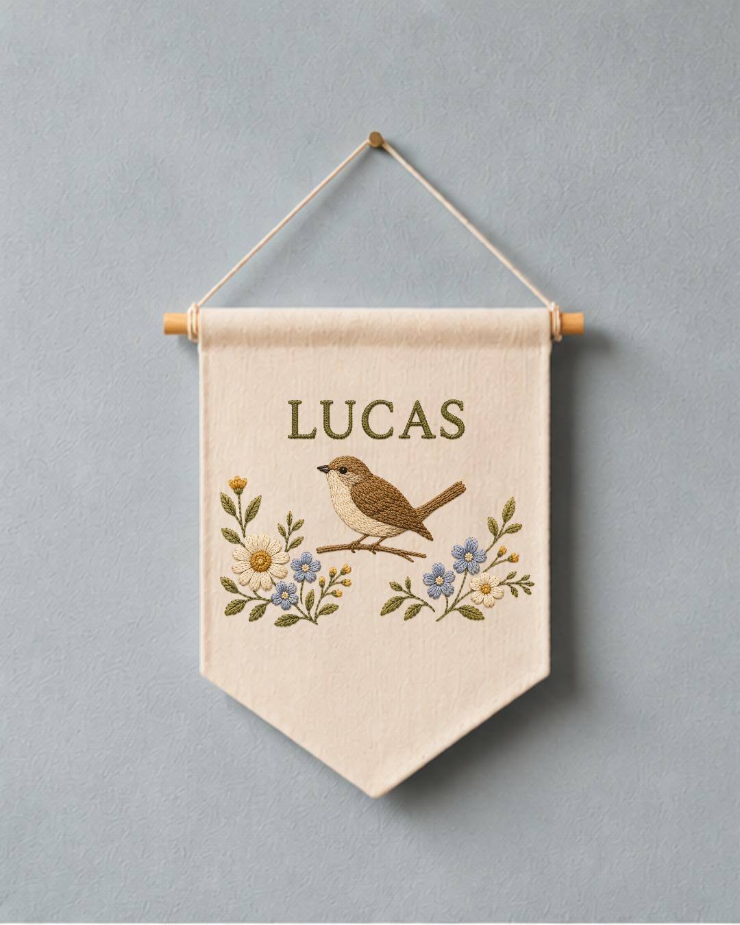 Personalized Bird Nursery Wall Hanging, Custom Name Embroidered Banner, Floral Bird Baby Room Decor, Nature Nursery Gift