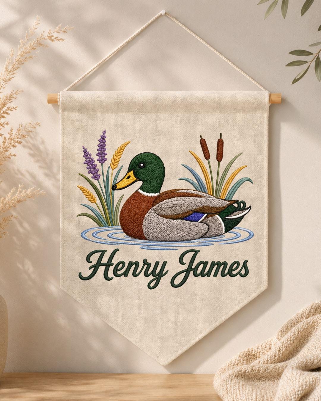 Personalized Mallard Duck Wall Hanging, Custom Name Embroidered Banner, Duck Hunting Nursery Decor, Rustic Baby Boy Room Gift