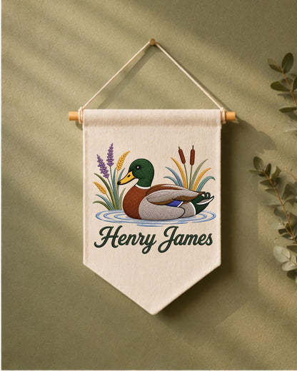 Personalized Mallard Duck Wall Hanging, Custom Name Embroidered Banner, Duck Hunting Nursery Decor, Rustic Baby Boy Room Gift
