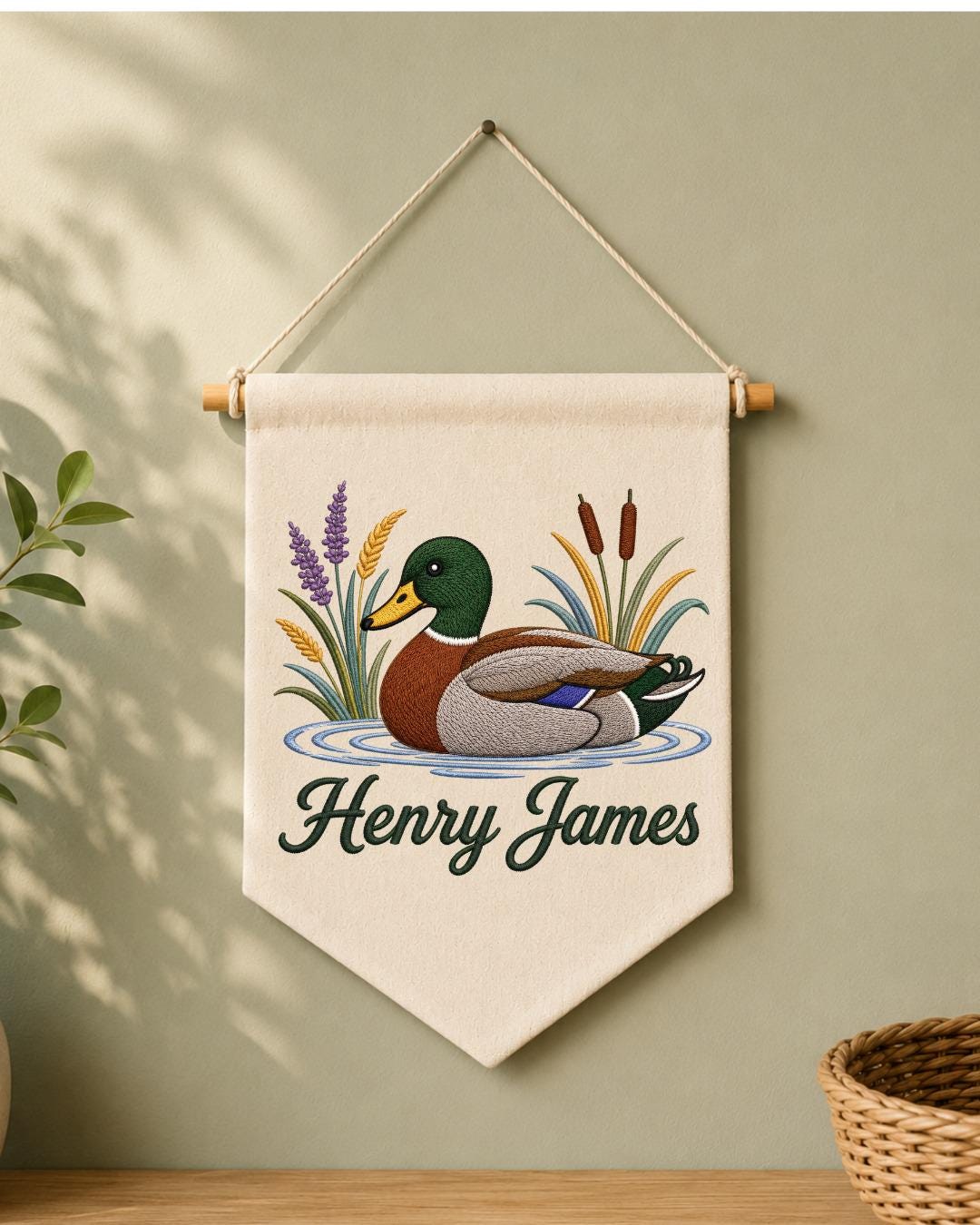 Personalized Mallard Duck Wall Hanging, Custom Name Embroidered Banner, Duck Hunting Nursery Decor, Rustic Baby Boy Room Gift
