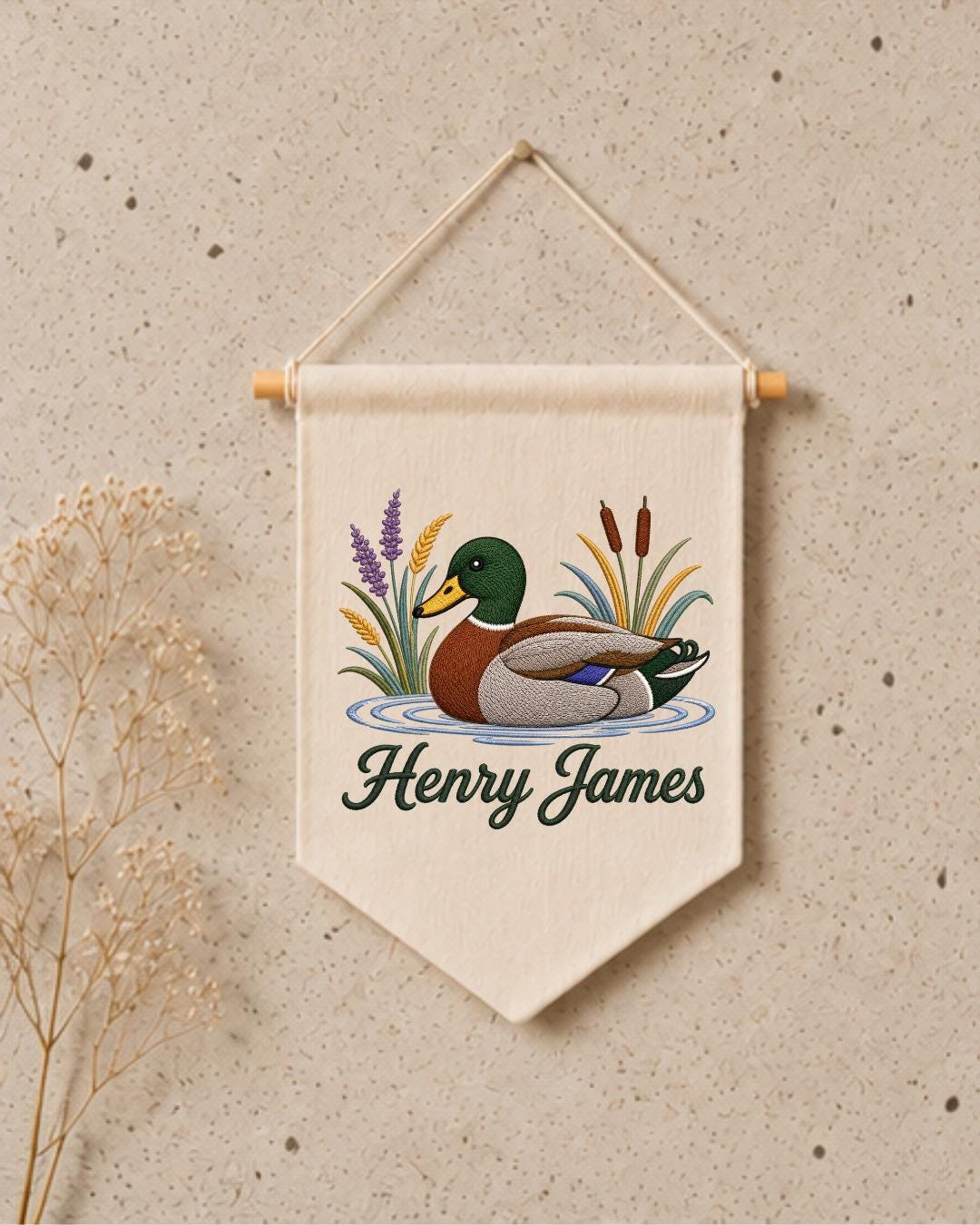 Personalized Mallard Duck Wall Hanging, Custom Name Embroidered Banner, Duck Hunting Nursery Decor, Rustic Baby Boy Room Gift
