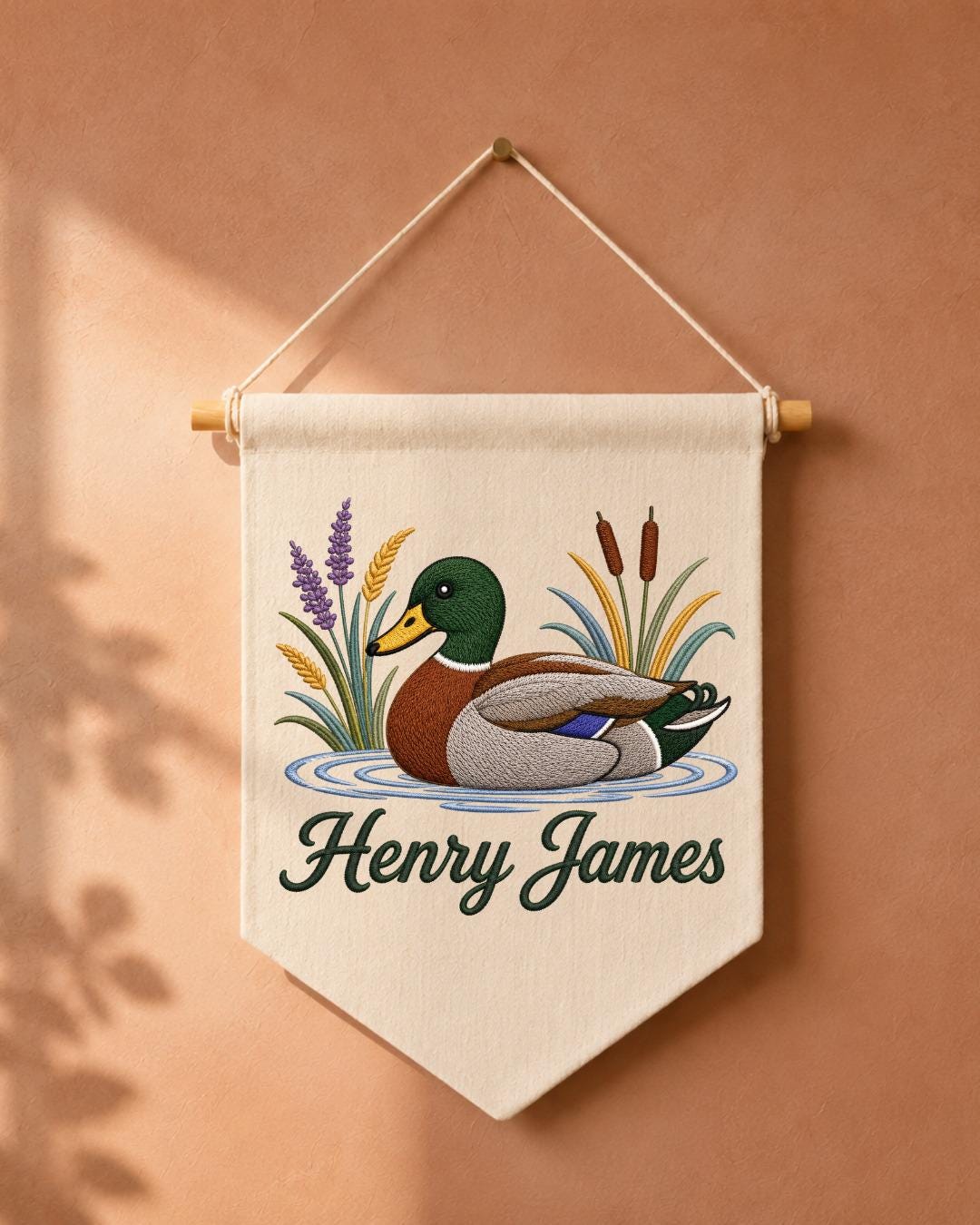 Personalized Mallard Duck Wall Hanging, Custom Name Embroidered Banner, Duck Hunting Nursery Decor, Rustic Baby Boy Room Gift