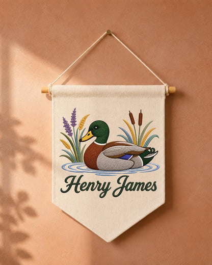 Personalized Mallard Duck Wall Hanging, Custom Name Embroidered Banner, Duck Hunting Nursery Decor, Rustic Baby Boy Room Gift