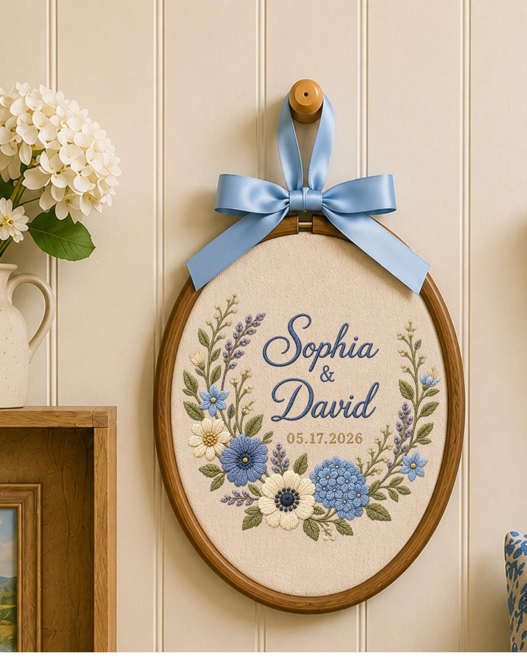 Personalized Wedding Embroidered Ornament, Custom Couple Names Floral Hoop, Wedding Date Keepsake, Anniversary Gift, Bridal Shower Gift