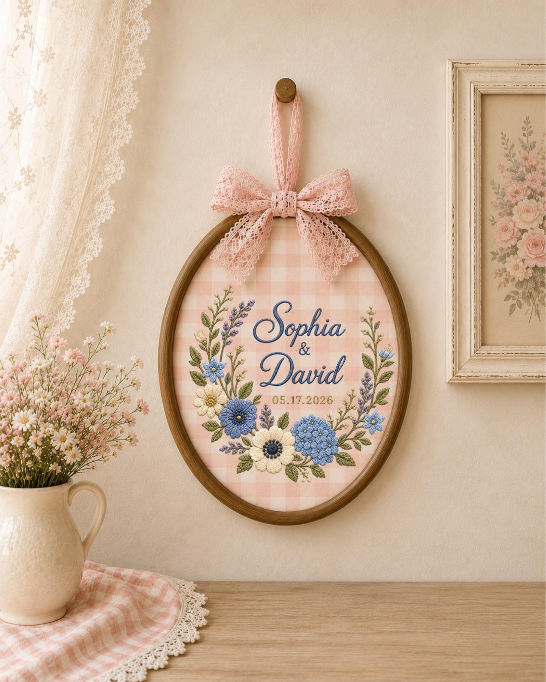 Personalized Wedding Embroidered Ornament, Custom Couple Names Floral Hoop, Wedding Date Keepsake, Anniversary Gift, Bridal Shower Gift