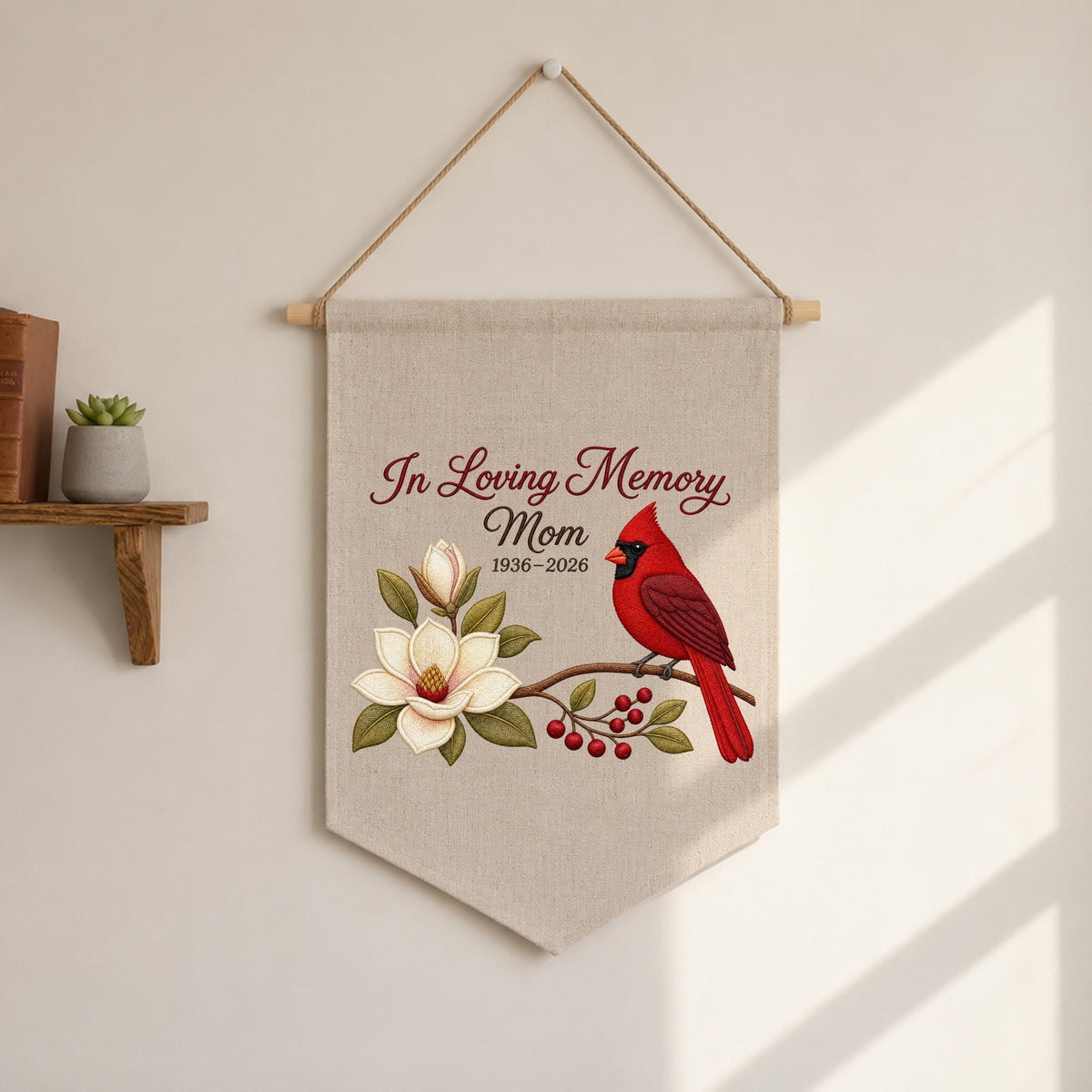 Personalized Embroidered Cardinal Memorial Wall Hanging Banner, In Loving Memory Mom Gift, Sympathy Keepsake, Remembrance Wall Decor
