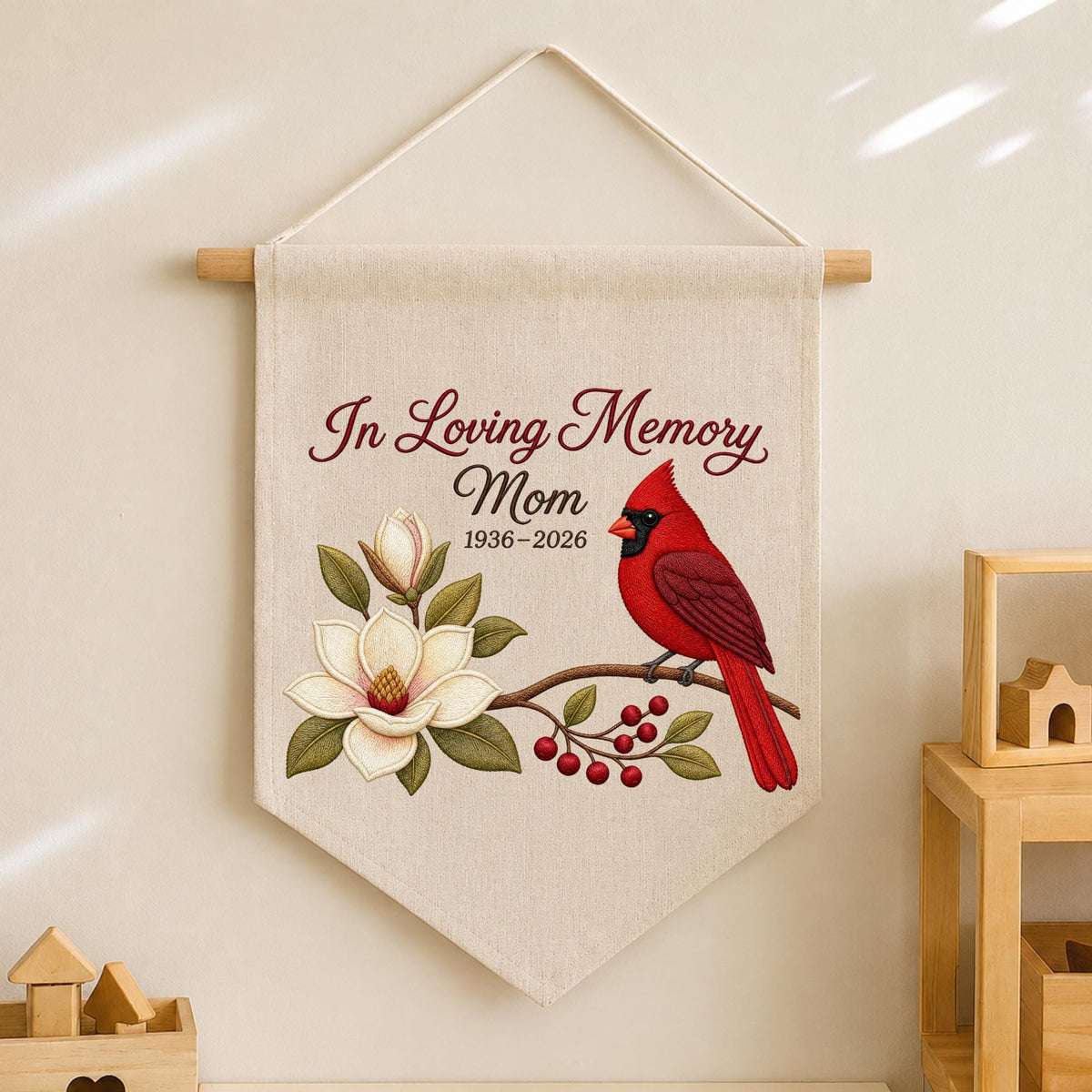 Personalized Embroidered Cardinal Memorial Wall Hanging Banner, In Loving Memory Mom Gift, Sympathy Keepsake, Remembrance Wall Decor