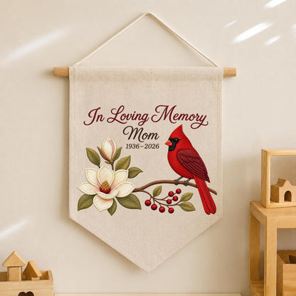 Personalized Embroidered Cardinal Memorial Wall Hanging Banner, In Loving Memory Mom Gift, Sympathy Keepsake, Remembrance Wall Decor