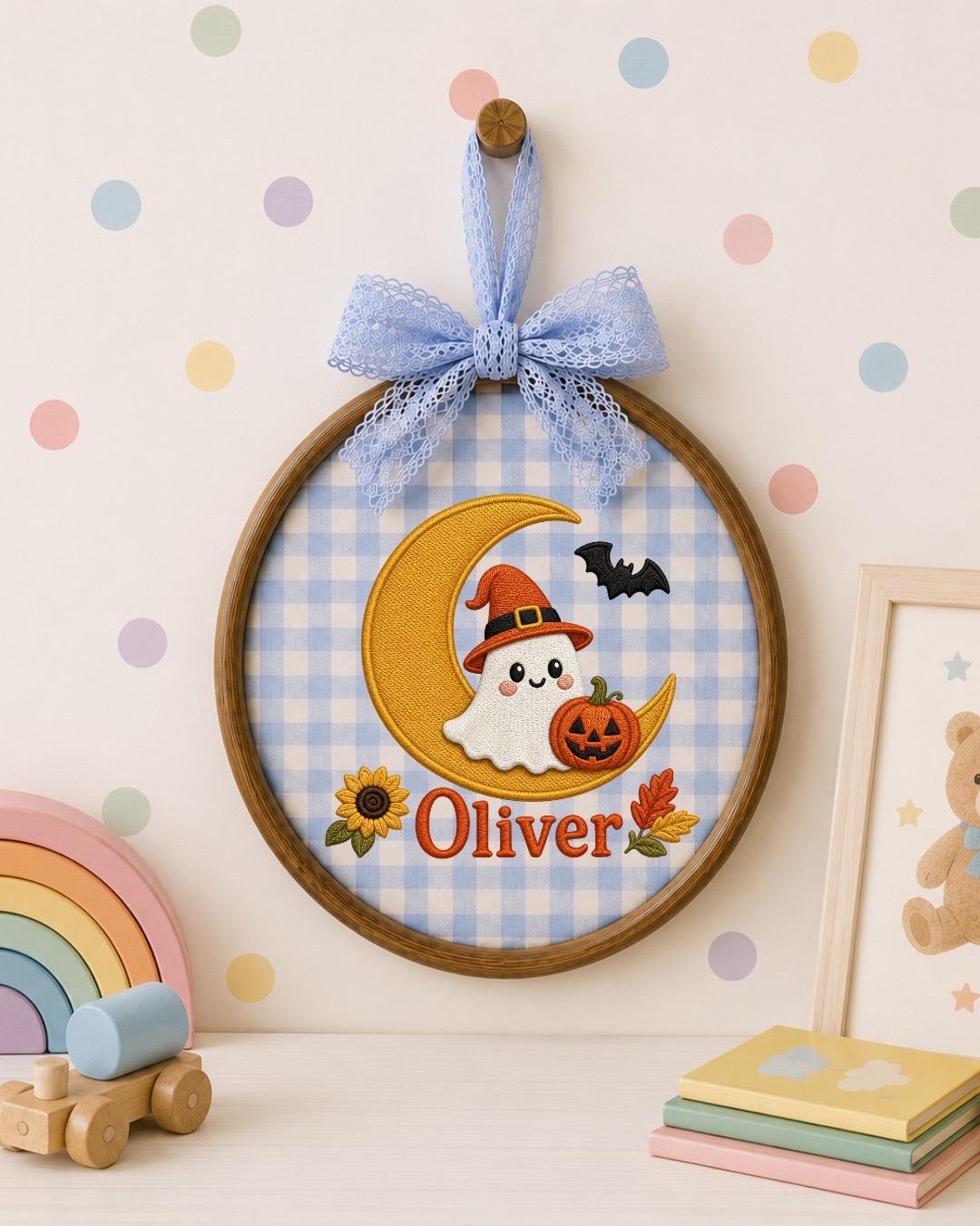 Personalized Halloween Ghost Embroidered Ornament, Custom Kids Name Halloween Decor, Witch Ghost Moon Keepsake, Pumpkin Halloween Gift