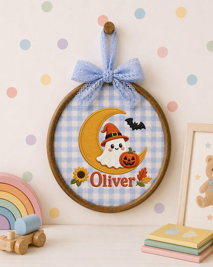 Personalized Halloween Ghost Embroidered Ornament, Custom Kids Name Halloween Decor, Witch Ghost Moon Keepsake, Pumpkin Halloween Gift
