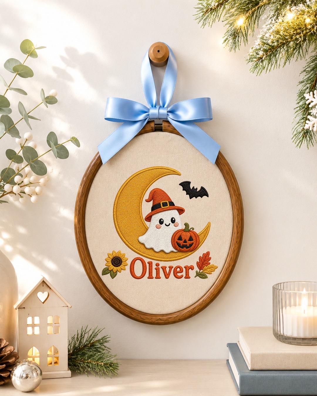 Personalized Halloween Ghost Embroidered Ornament, Custom Kids Name Halloween Decor, Witch Ghost Moon Keepsake, Pumpkin Halloween Gift
