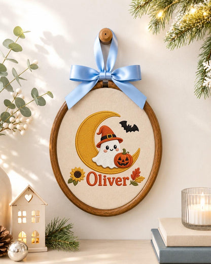 Personalized Halloween Ghost Embroidered Ornament, Custom Kids Name Halloween Decor, Witch Ghost Moon Keepsake, Pumpkin Halloween Gift