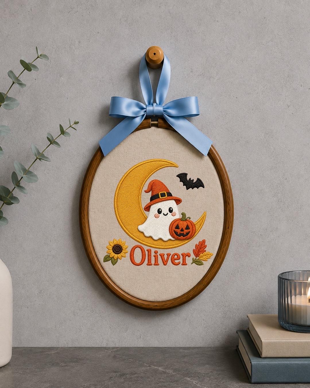 Personalized Halloween Ghost Embroidered Ornament, Custom Kids Name Halloween Decor, Witch Ghost Moon Keepsake, Pumpkin Halloween Gift