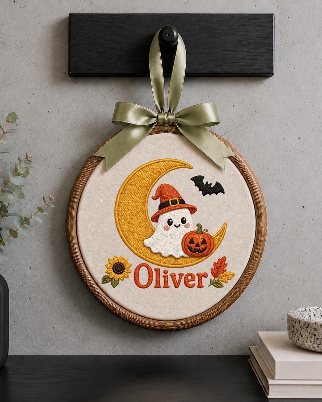 Personalized Halloween Ghost Embroidered Ornament, Custom Kids Name Halloween Decor, Witch Ghost Moon Keepsake, Pumpkin Halloween Gift