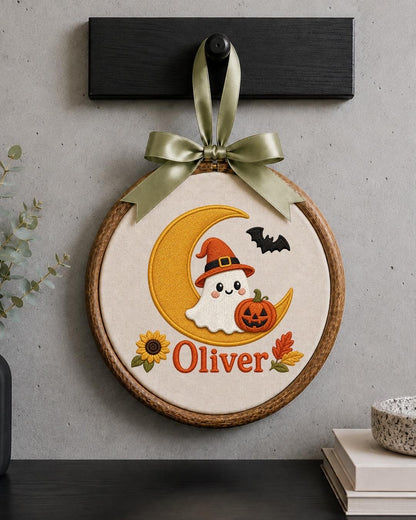 Personalized Halloween Ghost Embroidered Ornament, Custom Kids Name Halloween Decor, Witch Ghost Moon Keepsake, Pumpkin Halloween Gift