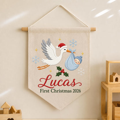Personalized Baby First Christmas Embroidered Wall Hanging Banner, Custom Baby Name Stork Sign, Newborn Christmas Gift, Holiday Nursery