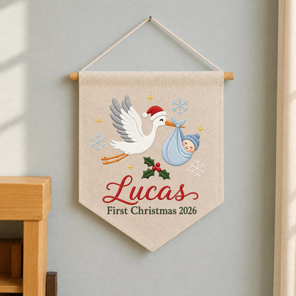Personalized Baby First Christmas Embroidered Wall Hanging Banner, Custom Baby Name Stork Sign, Newborn Christmas Gift, Holiday Nursery