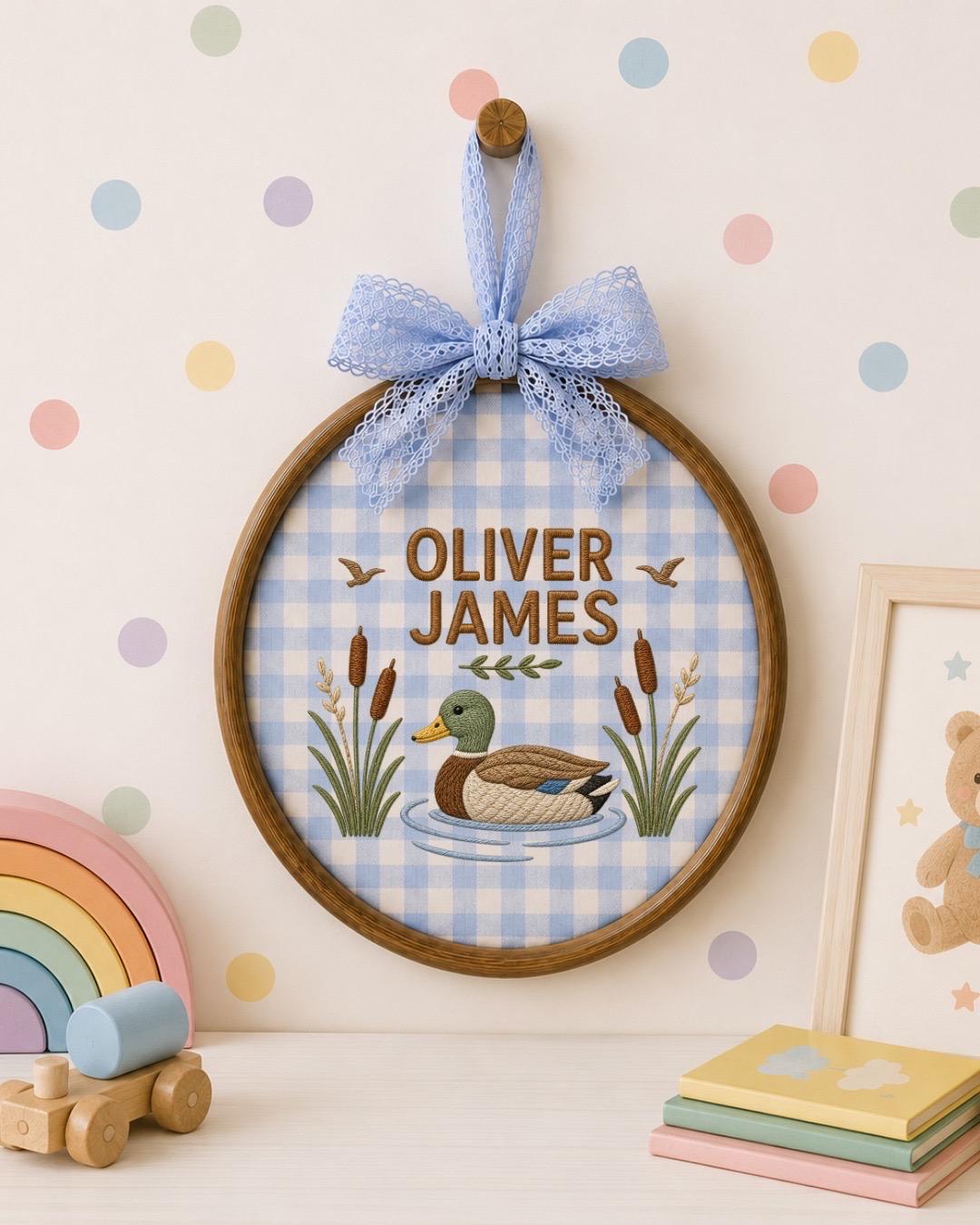 Personalized Duck Embroidered Ornament, Custom Baby Boy Name Sign, Mallard Duck Nursery Decor, Woodland Baby Gift, Newborn Keepsake