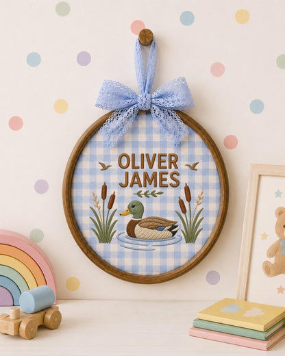 Personalized Duck Embroidered Ornament, Custom Baby Boy Name Sign, Mallard Duck Nursery Decor, Woodland Baby Gift, Newborn Keepsake