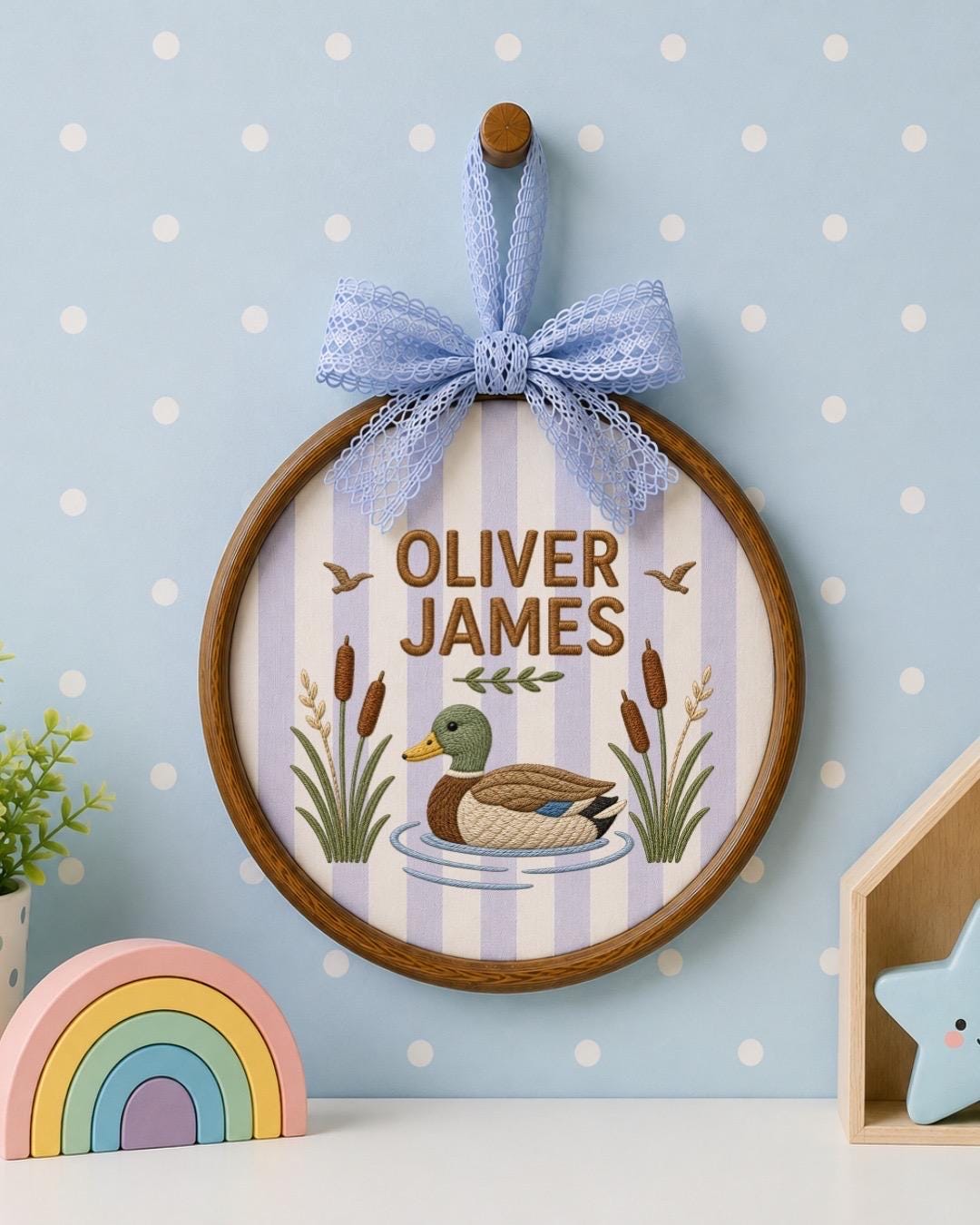 Personalized Duck Embroidered Ornament, Custom Baby Boy Name Sign, Mallard Duck Nursery Decor, Woodland Baby Gift, Newborn Keepsake