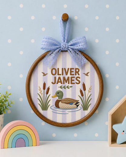 Personalized Duck Embroidered Ornament, Custom Baby Boy Name Sign, Mallard Duck Nursery Decor, Woodland Baby Gift, Newborn Keepsake