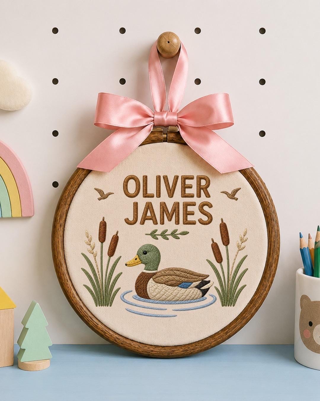 Personalized Duck Embroidered Ornament, Custom Baby Boy Name Sign, Mallard Duck Nursery Decor, Woodland Baby Gift, Newborn Keepsake