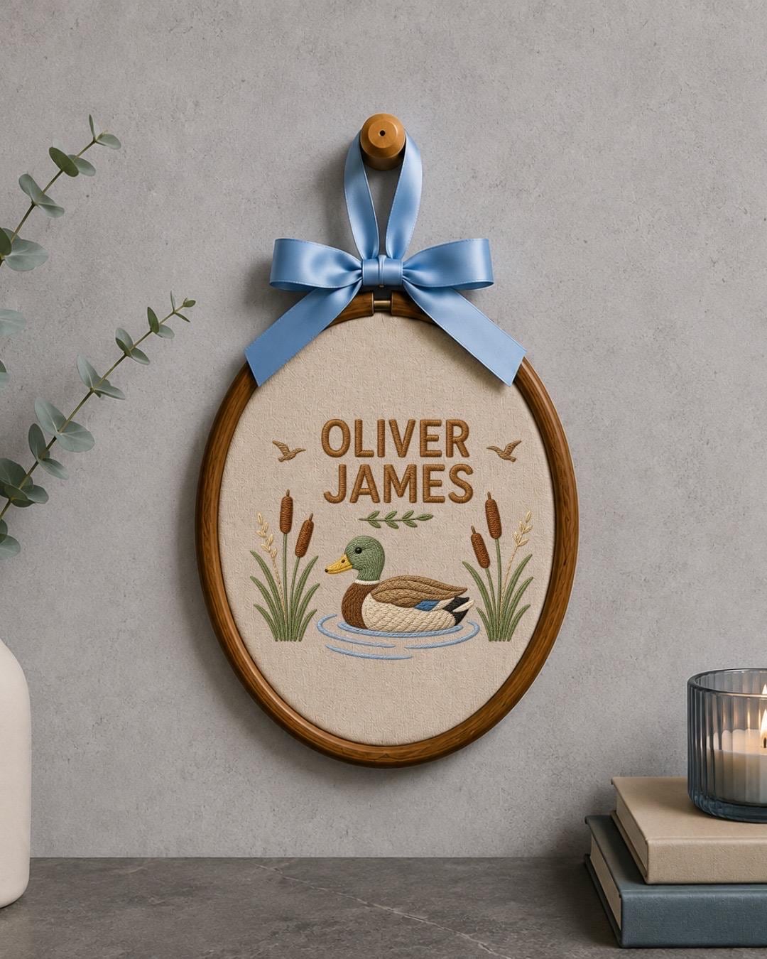 Personalized Duck Embroidered Ornament, Custom Baby Boy Name Sign, Mallard Duck Nursery Decor, Woodland Baby Gift, Newborn Keepsake